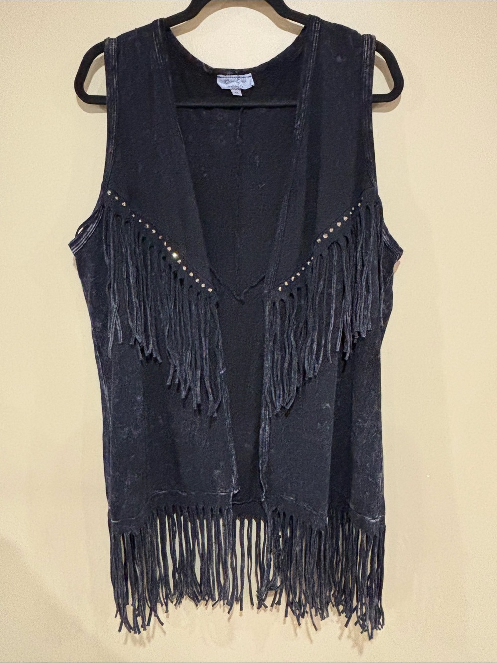 Boho western rhinestone fringe acid wash vest